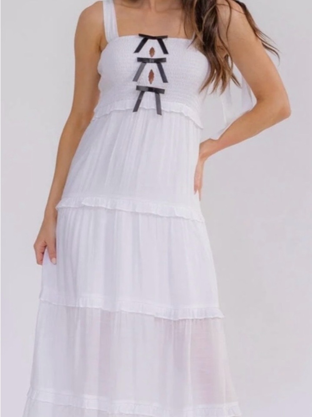 White Tiered Maxi Dress with Black Bow Detail